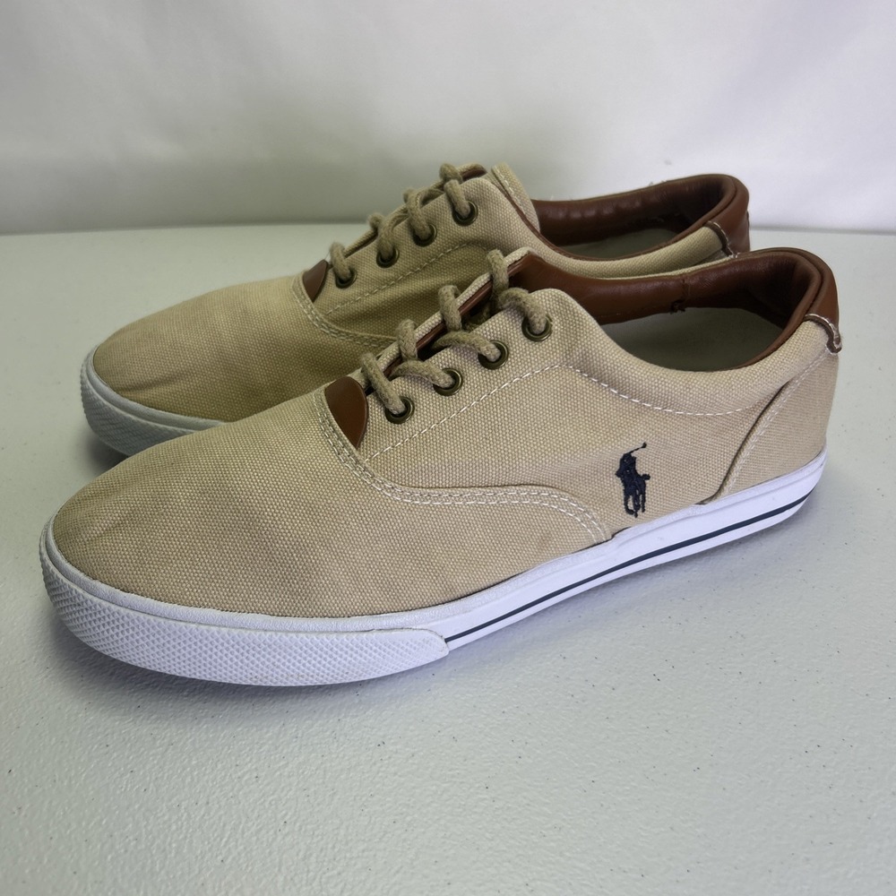 Polo Ralph Lauren Vaughn Low Top Canvas Shoes Size 6.5 Beige Tan Leather‎ Trim